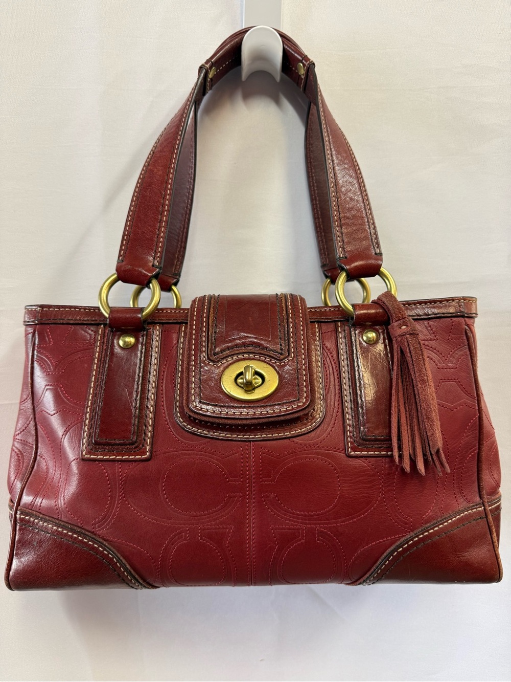 Coach Red Leather Shoulder Bag with Tassel & Gold Hardware